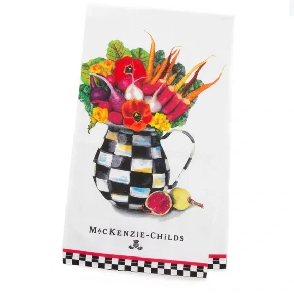 MacKenzie-Childs Checkered Pitcher Tea Towel with Vegetables - NWT - Picture 1 of 5